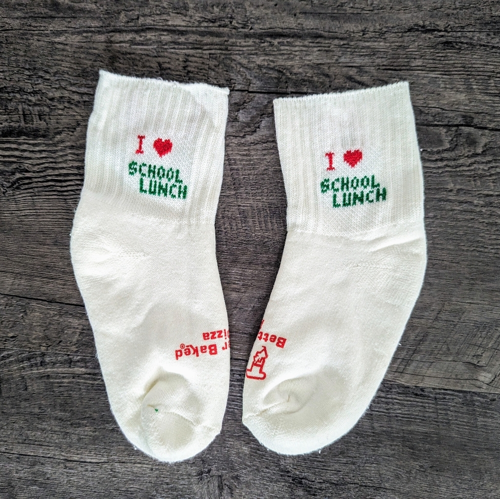Vintage Cafeteria Lunch "I Heart School Lunch" Better Baked Pizza Promo Socks